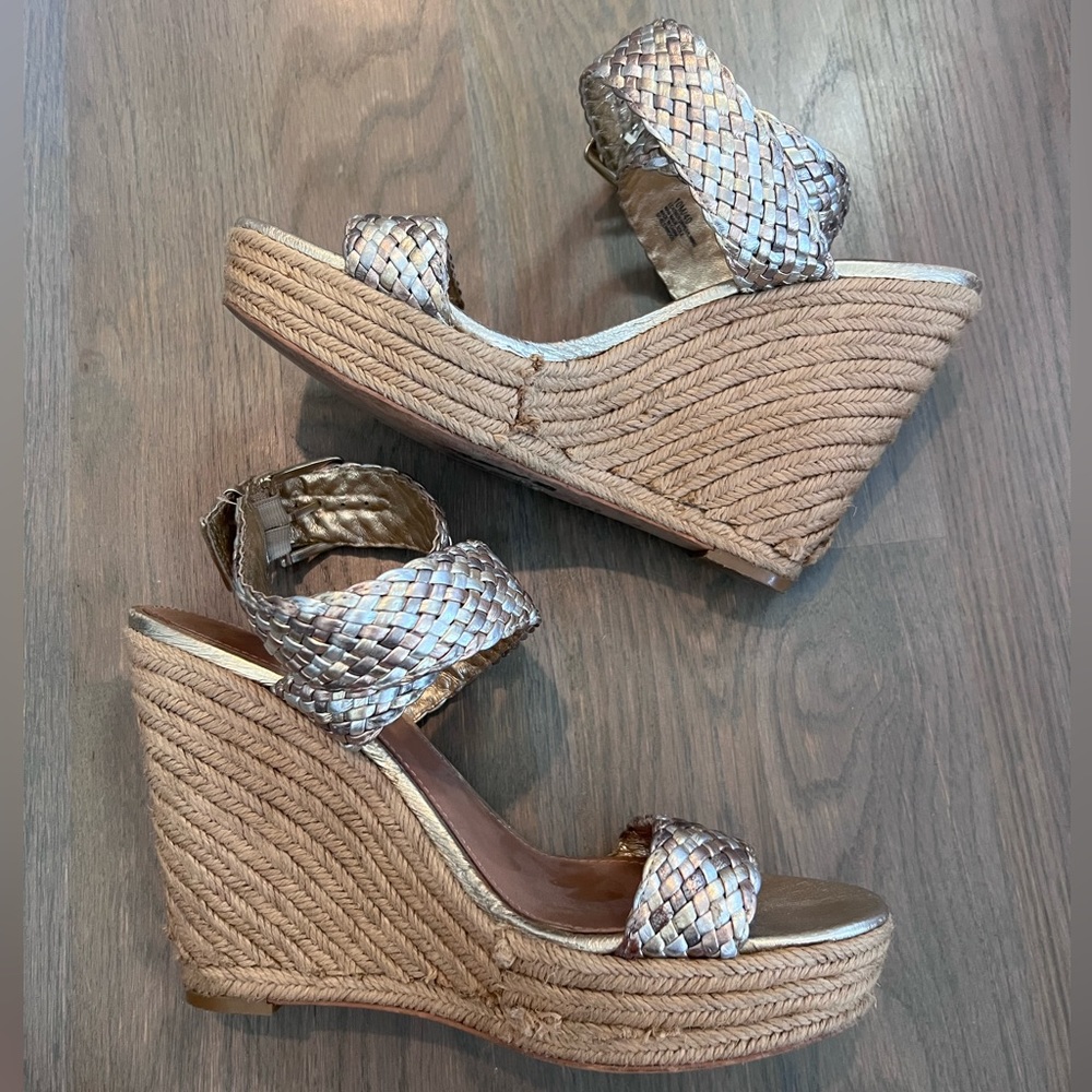 Metallic Woven Ankle Wrap Espadrille Wedges (Size: 10)